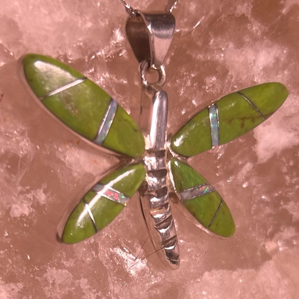 Sterling Silver Stamped Mojave & Opal Dragonfly Pendant